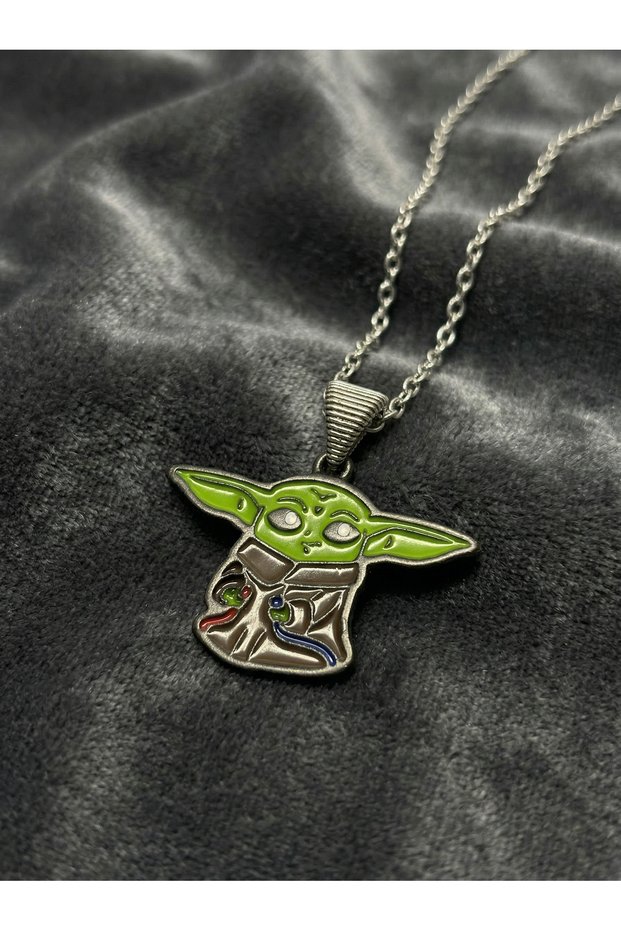 Women's Stainless Steel Chain Green Enamel Anime Alien Motif Necklace