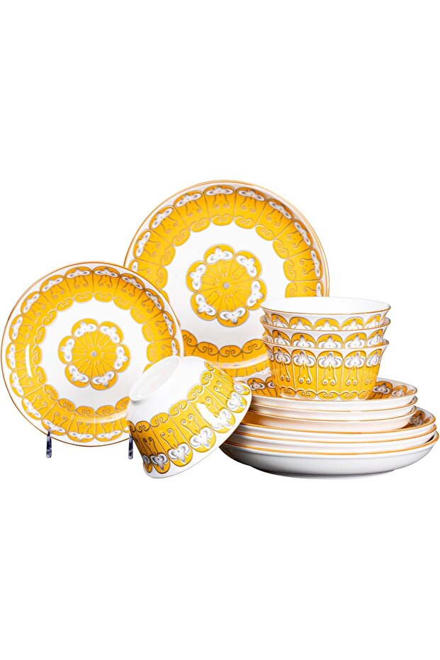 12-Piece Gold Pattern Ceramic Dinnerware Set - Includes 4x 10.2-Inch Plates, 4x 8-Inch Plates, 4x 5.5-Inch Bowls | Microwave & Dishwasher Safe
