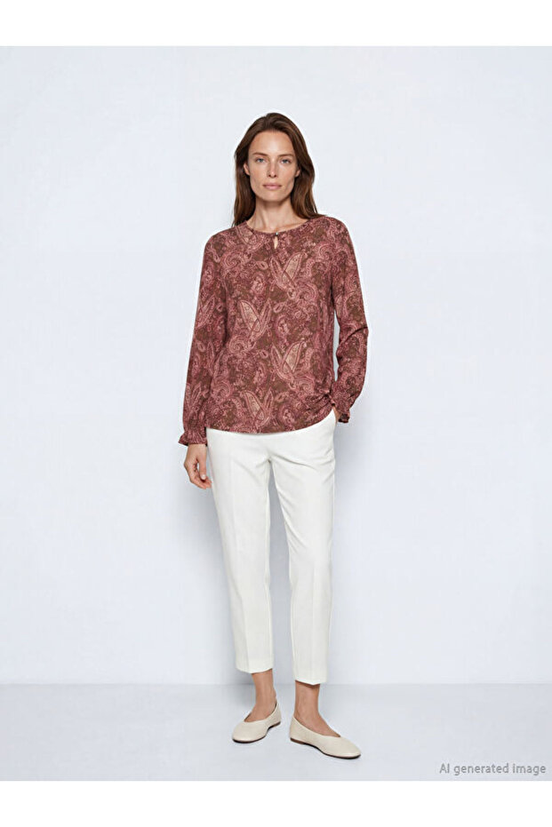 Crew Neck Patterned Blouse - 2