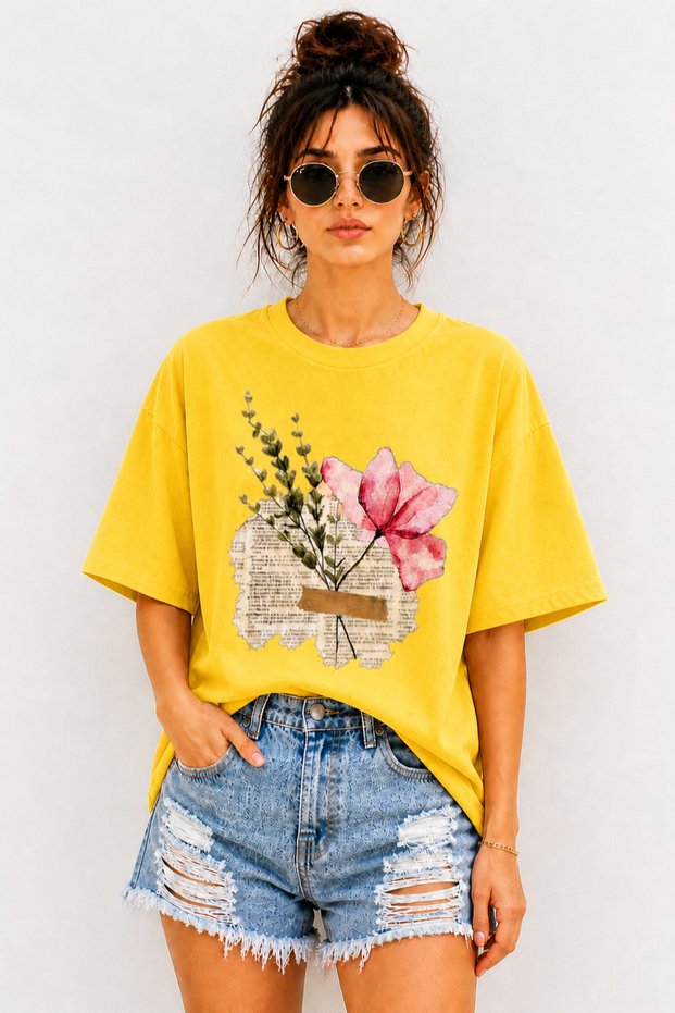 Vintage Floral Collage Printed Unisex Oversize T-Shirt – Cotton Crew Neck Casual T-Shirt