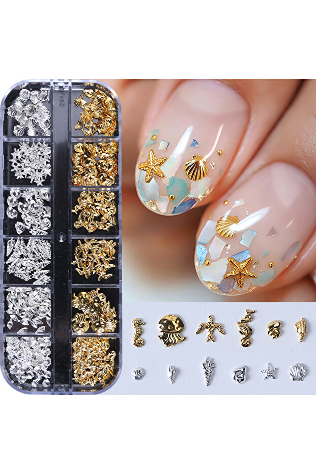 772-04 12 Grids Shell Gold Silver Metal Nail Charms Decorations Starfish Jellyfish Summer Nail Rivet