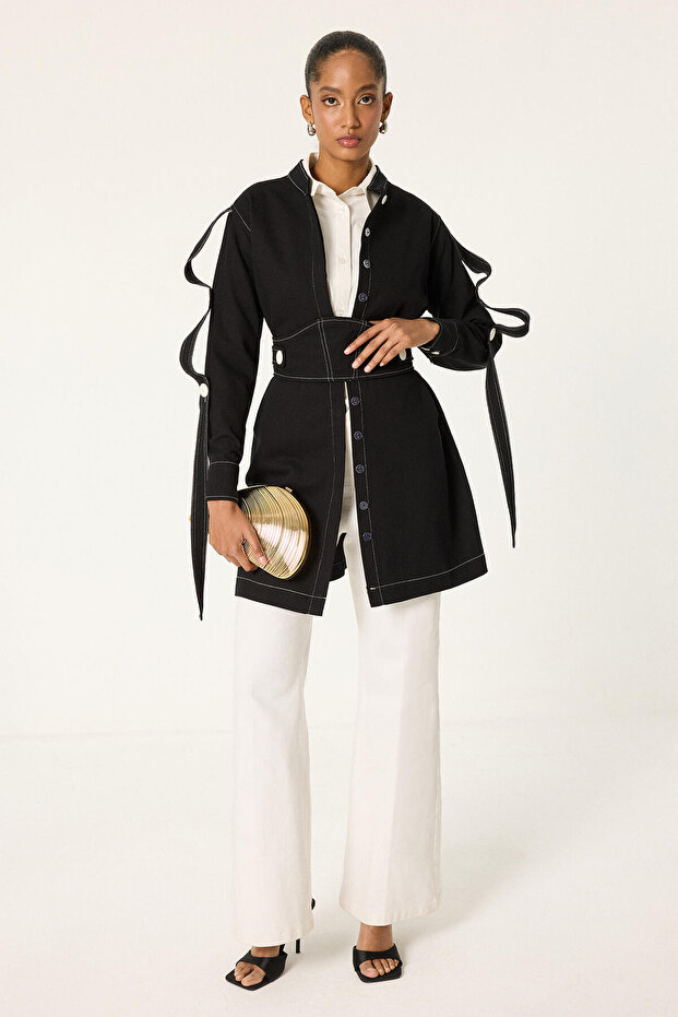 Contrast Stitched Belted Safari Jacket