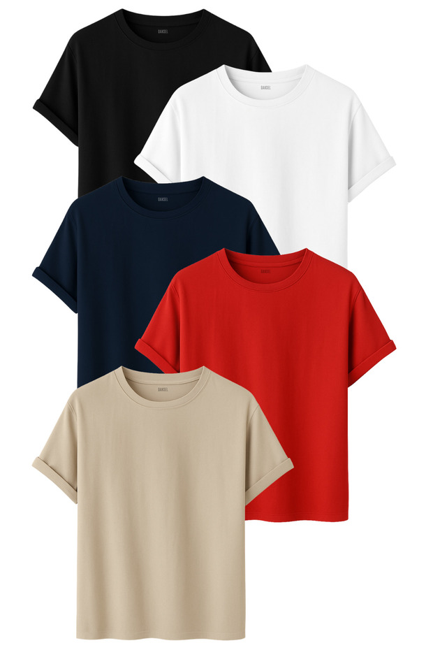 Men's 5-Piece Basic T-Shirt Pack Black White Navy Blue Red Stone Color Relaxed Fit Cotton T-Shirt