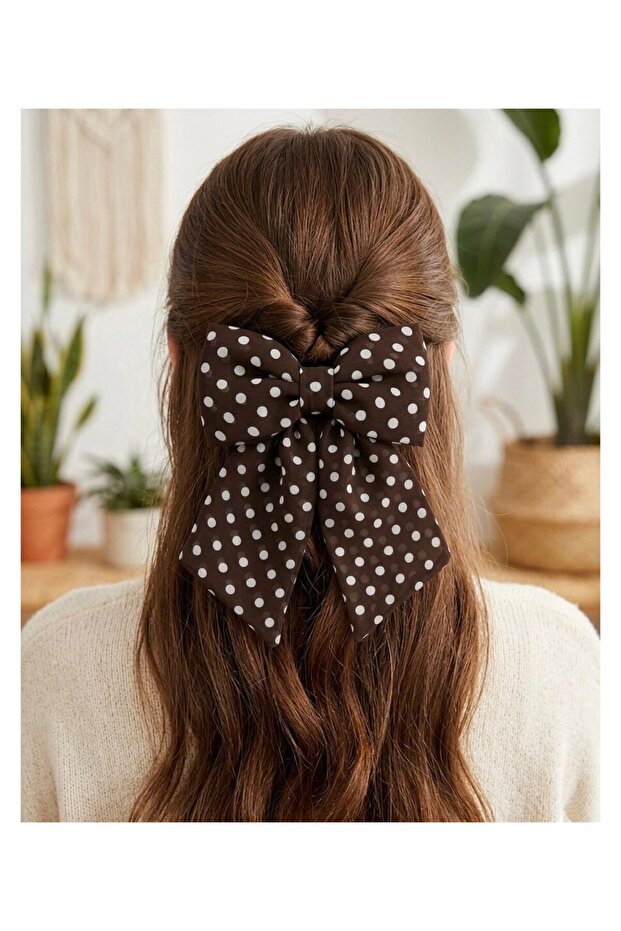 Dark Brown Polka Dot Chiffon Bow Automatic Buckle