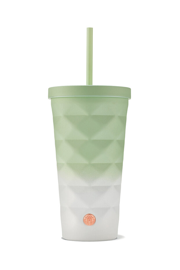 Geometric Sage Green Gradient Stainless Steel Cold Drink Thermos with Straw 562ml