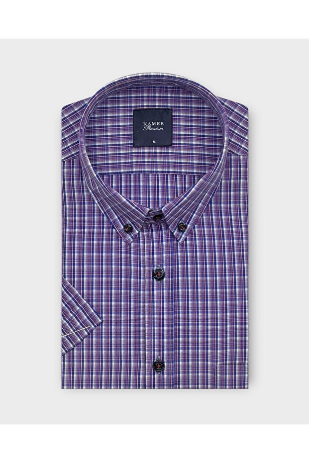 Men's Regular Fit Short Sleeve Buttoned Collar Plaid Purple Shirt 9573Mor