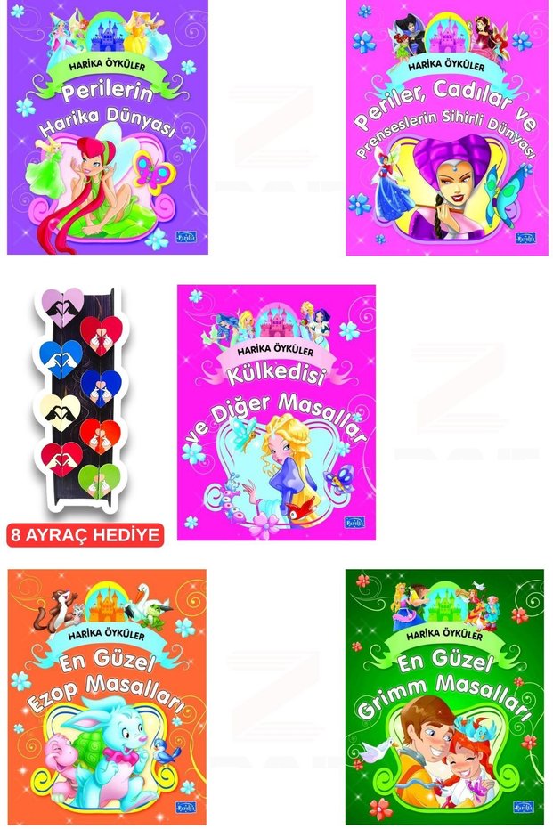 Harika Öyküler-Periler,Cadılar ve Prenseslerin Sihirli Dünyası-Perilerin Harika Dünyası-Külkedisi ve Diğer Masallar-En Güzel Ezop-En Güzel Grimm Masalları 5 Kitap Set -8 Piece Heart Bookmark Set with Gift