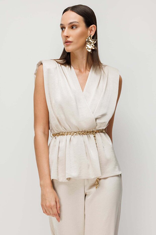 Chain Belted Draped Blouse - 3