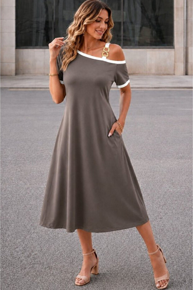 Women's One-Shoulder Strap Short Sleeve Midi Length Summer Viscose Dress