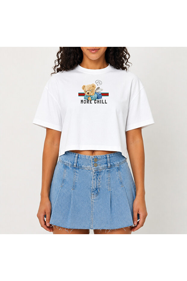 Crop T-Shirt White Printed Relaxed Fit Raw Cut Basic Short Tshirt