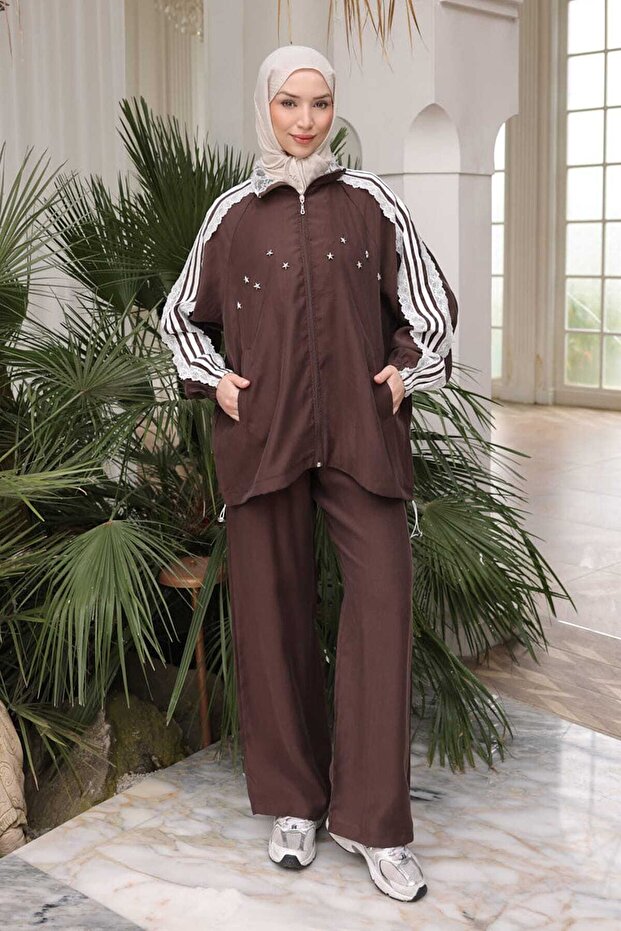 Brown Lace Detailed Tunic and Trousers Set