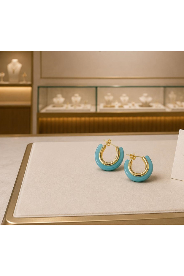 Blue Ring Model Steel Earrings Gold Color Modern Design