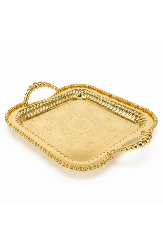 Elegant Gold Square Metal Serving Tray with Handles – 30 cm
