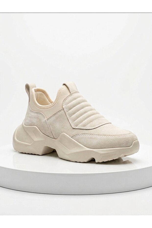 Cream Suede Laceless High Sole Men's Sneaker Boots