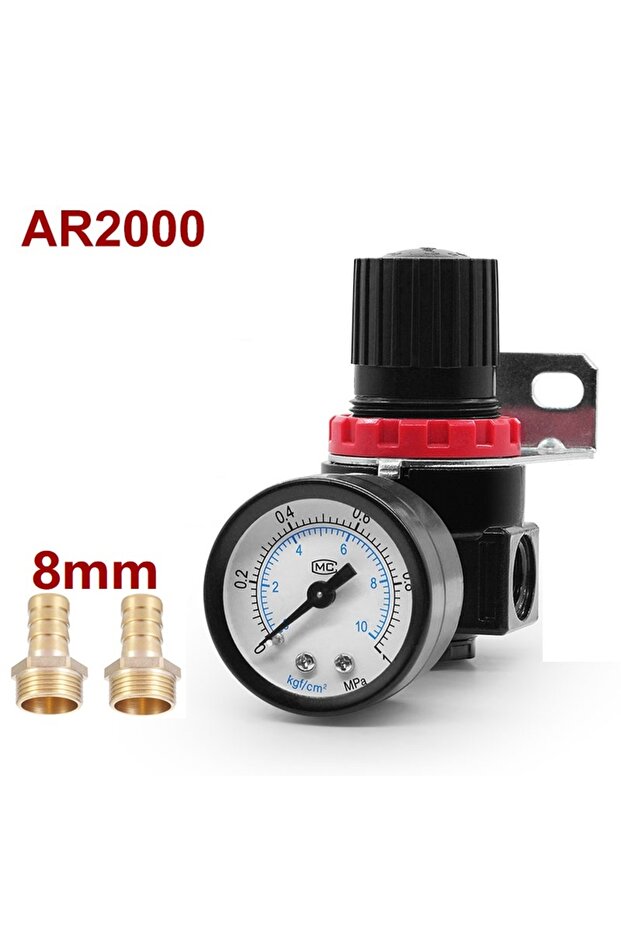 منظم ضغط الهواء الهوائي AR2000 W 8 مم، صمام تخفيض الضغط، وصلة BSP، 4 مم، 6 مم، 8 مم