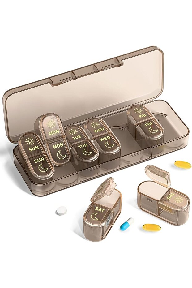 Brown 7 Day AM/PM Pill Organizer, 2x/Day Weekly Pill Box, Sealed Portable Medicine Case with 14 Comp