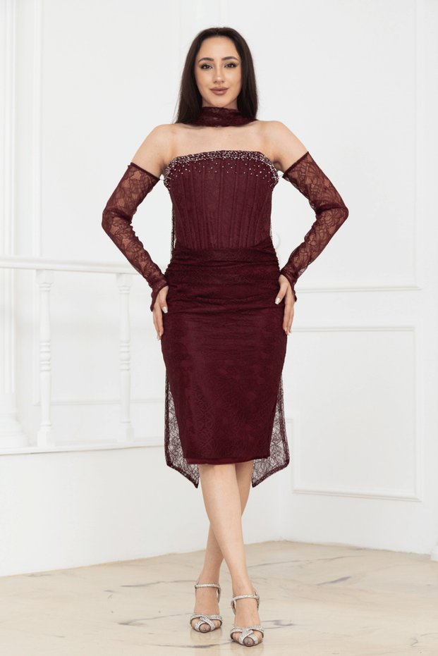 Beaded Strapless Neckline Lace Pencil Dress - Cherry