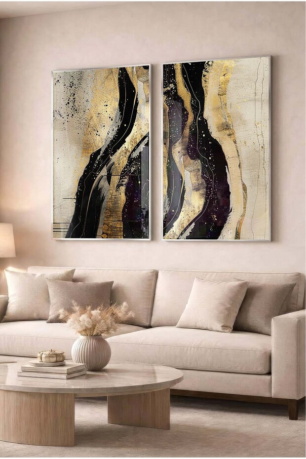 Black and Gold Marble Textured Modern 2-Piece Glass Painting Set - Silver Metal Framed Home and Office Painting