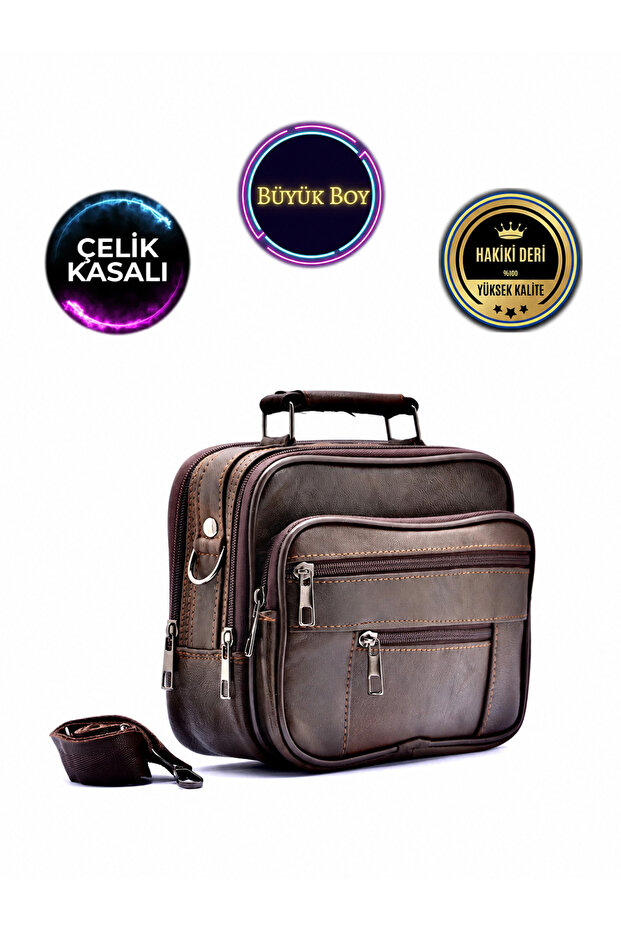Men's Brown Horizontal Model Steel Case Genuine Leather Hand and Shoulder Bag (Large Size) with Adjustable Strap