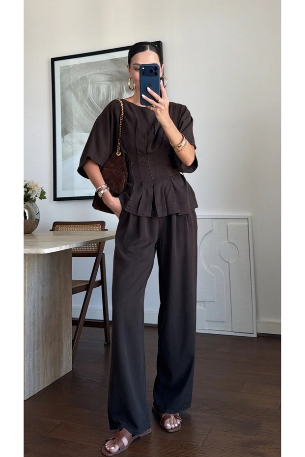 Brown Short Batwing Sleeve Waist Detailed Loose Double Suit - 0008