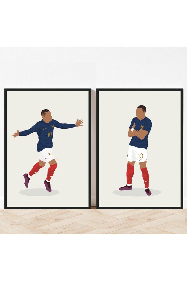 Set of 2, Kylian Mbappe France Minimal Illustration Poster with Frame 30x40cm