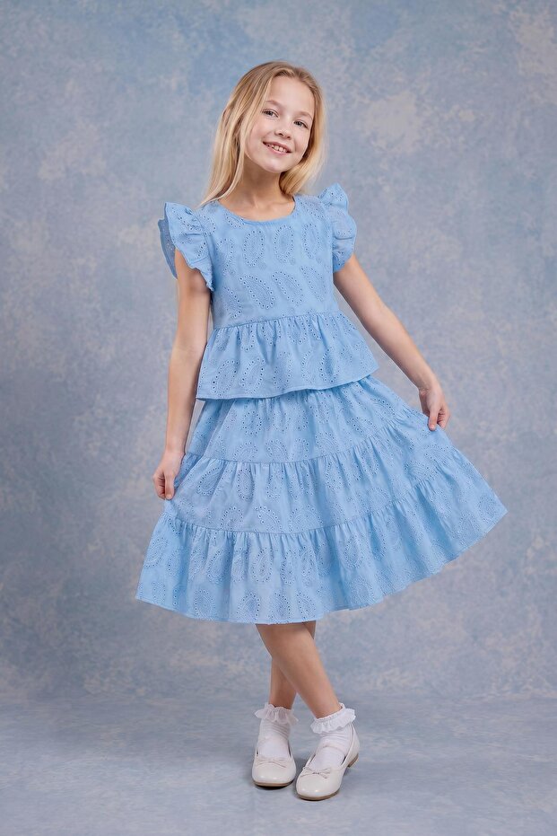 Girl's Combed Cotton Lined Brode Blouse and Skirt Set
