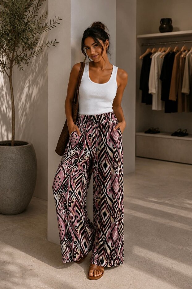 Patterned Wide-Leg Viscose Trousers Casual Stylish Women's Trousers My3535