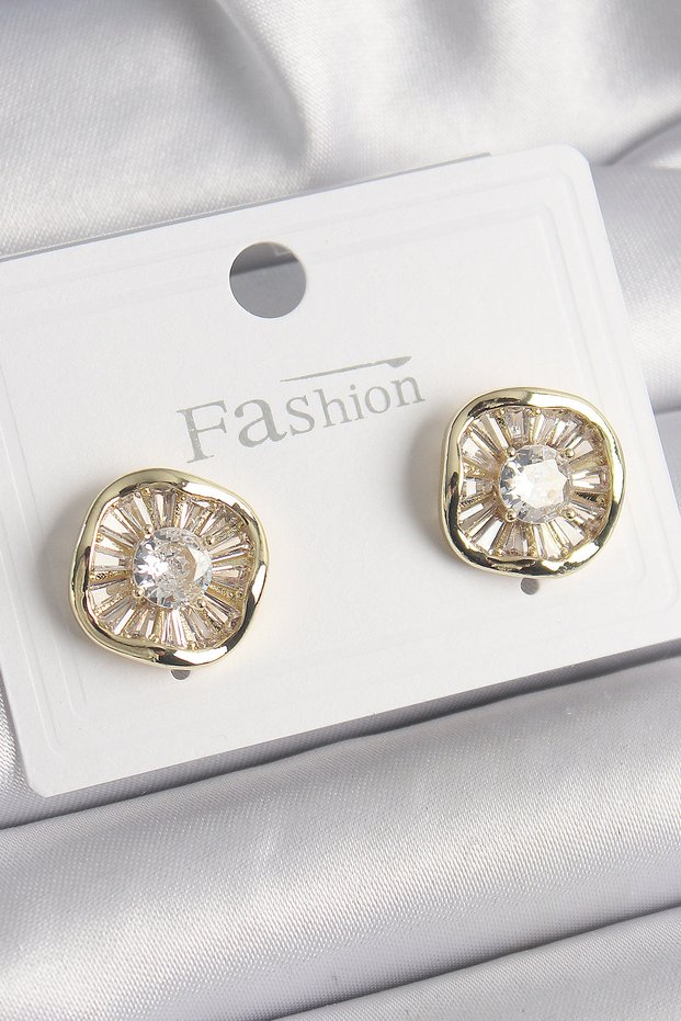 Brass Gold Color Zircon Stone Clover Model Women's Earrings 5886
