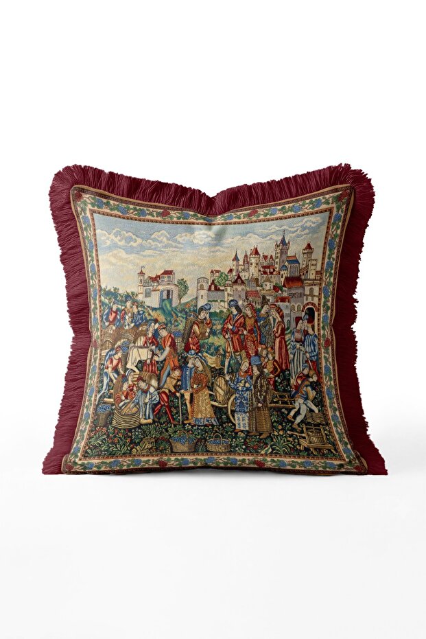 Medieval Castle Harvest Scene Fringed Throw Pillow Cover - Burgundy Tassel Tapestry Pillowcase