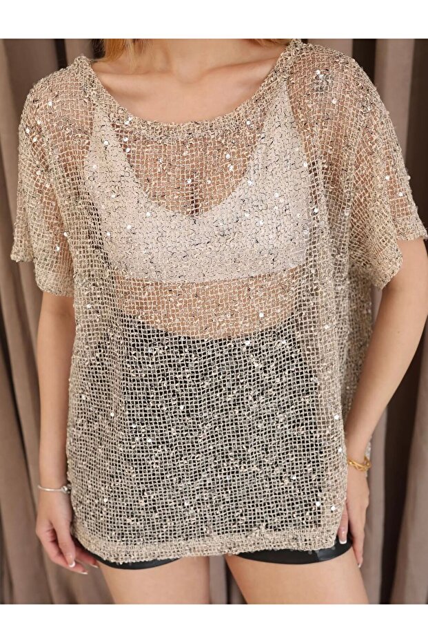 Sequin Mesh Wide Fit Beige Blouse