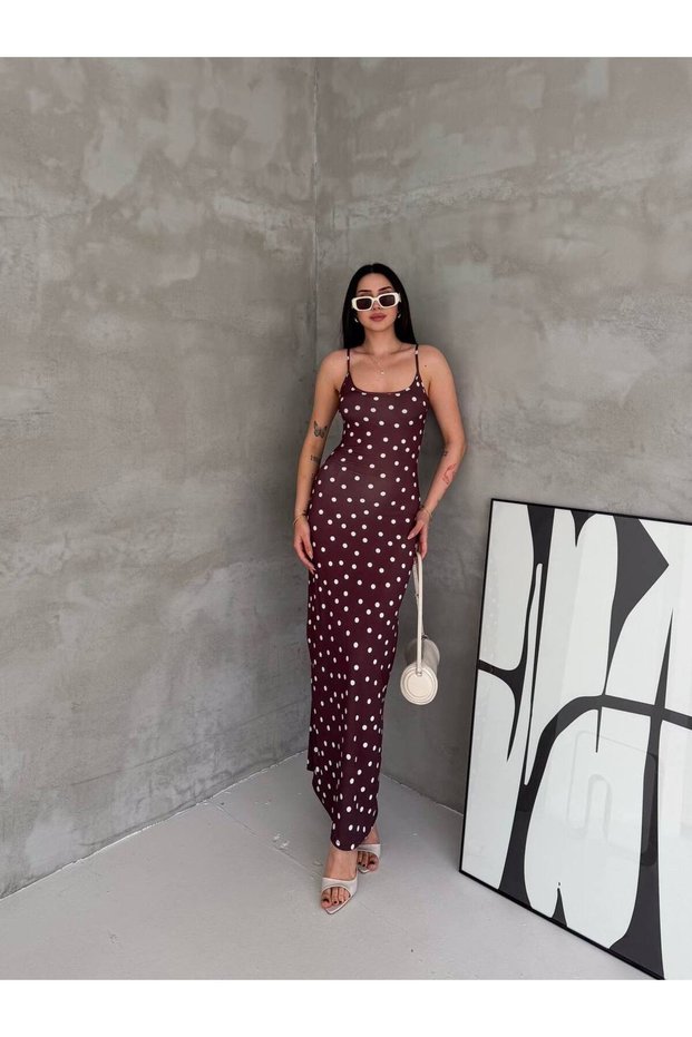 Women's Strappy Polka Dot Patterned Long Dress