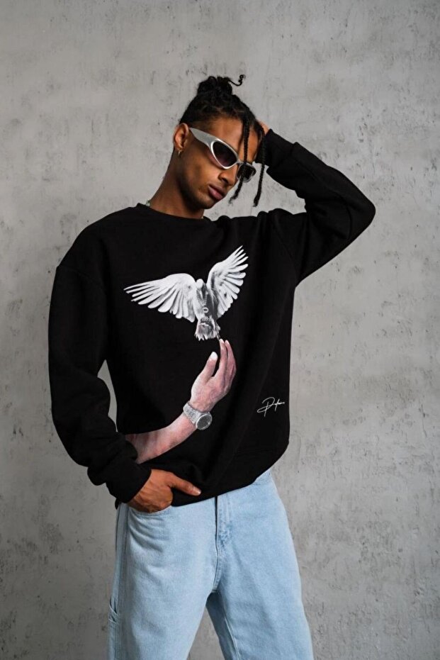 Men's Dove Printed 3 Thread Crew Neck Cotton Sweatshirt - Black Mariposa Secret