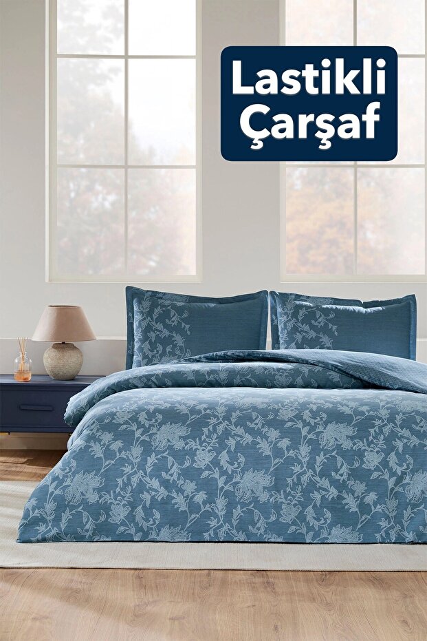 Barocco -Elastic Fitted Sheet- Reversible Double Duvet Cover Set -Blue 100% Cotton