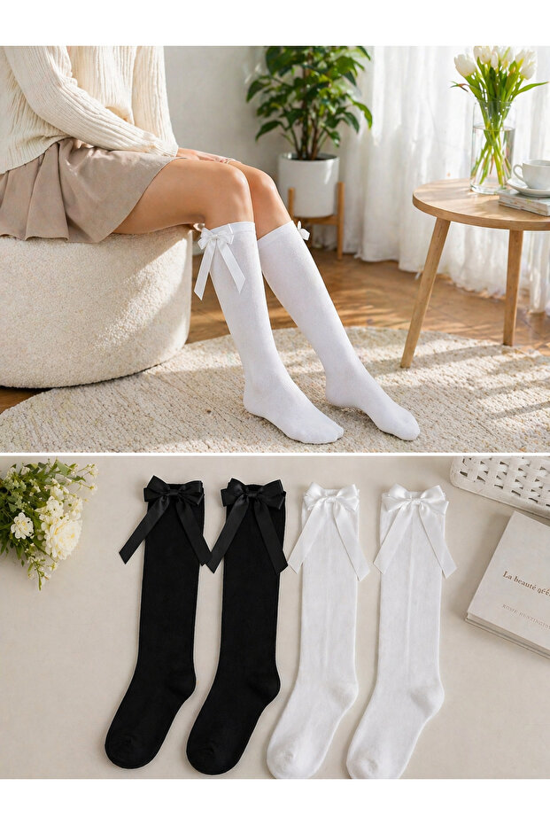 4-Piece Unlined Ribbon Cotton Washed Knee-Length Socks