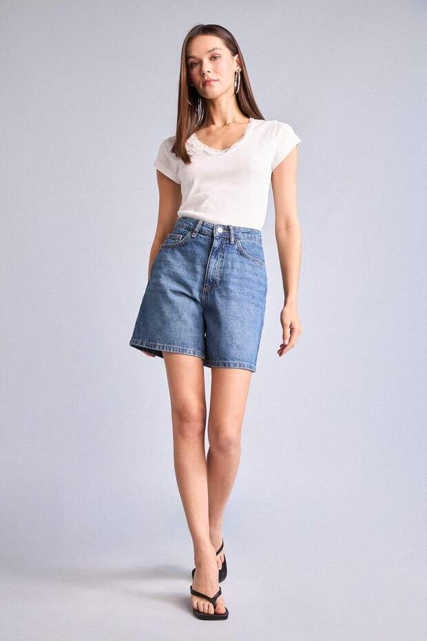 100% Cotton High Waist Jean Bermuda H0658Ax26Sm