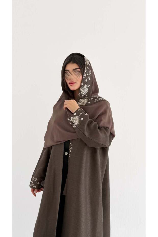 mwt1112 عبايه لنن تطريز مع تدخيلة شانتون - 1