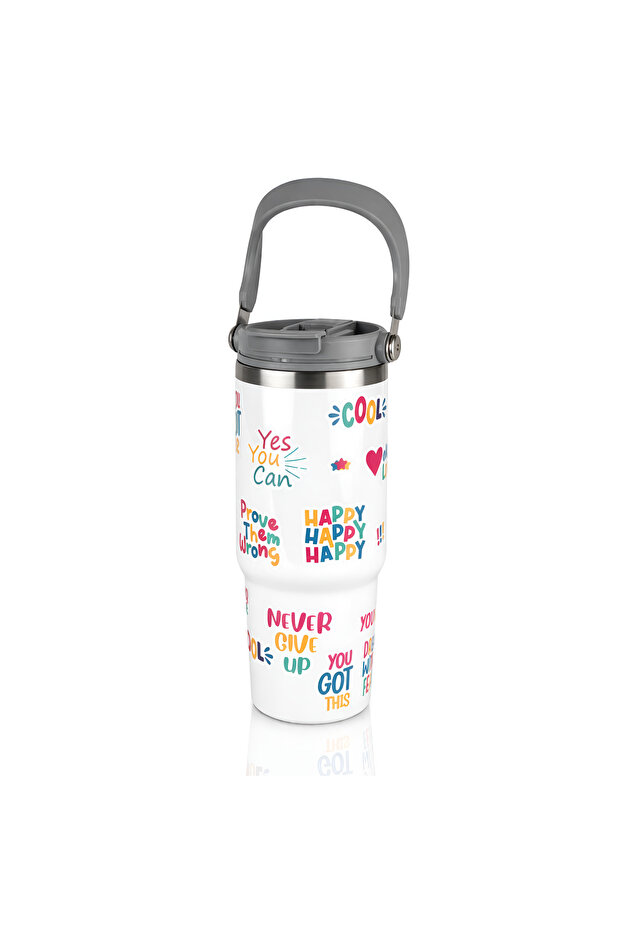 900ml Double Wall Stainless Steel Tumbler with Handle & Straw Lid | Vacuum Insulated Travel Mug with Sticker Set – White
