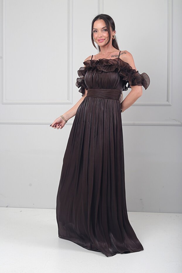 Women's Chiffon Fabric Flounce Detailed Lined Long Dress