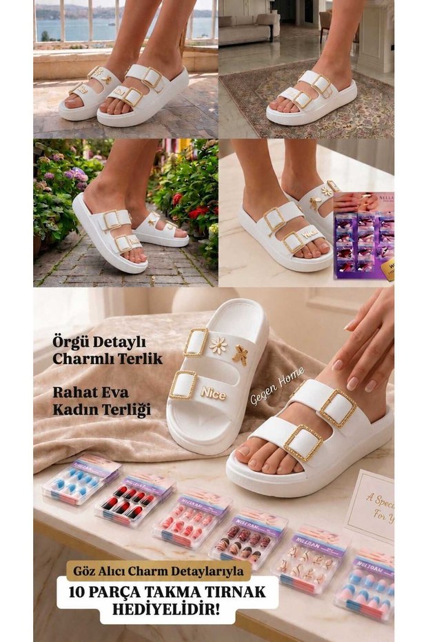 Charmlı Open-Front Slippers, 10 Pieces of False Nails as a Gift! Stone-Embellished Slippers, Double Buckle Women's Slippers, Comfortable Eva Slippers, Stylish Beach Slippers, Lightweight Summer Slippers