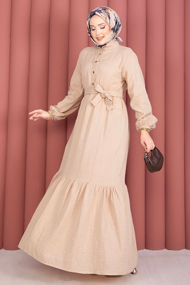 Ruffled Skirt Half Buttoned Hijab Dress Beige