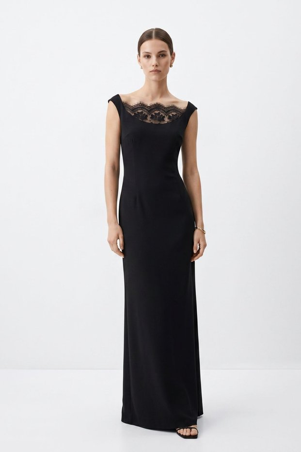 Black Madonna Collar Lace Fish Model Long Dress 261615