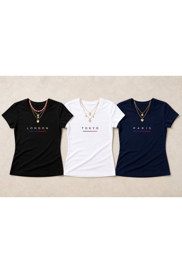 Crew Neck Printed 3-Pack White/Black/Navy Blue Women's Slim Fit Lycra Basic Crop Cotton Combed Cotton T-Shirt