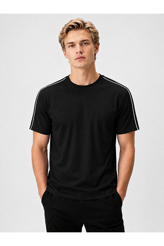 Men's Ribbed Crew Neck Casual Sports Striped Basic T-Shirt