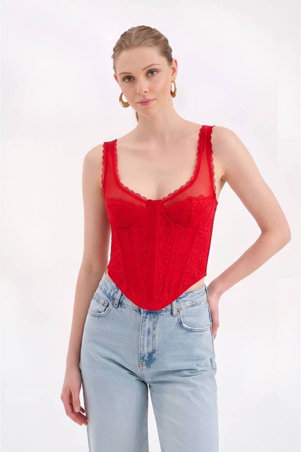 Women's Front Underwire Lace and Tulle Detailed Strap Design Corset