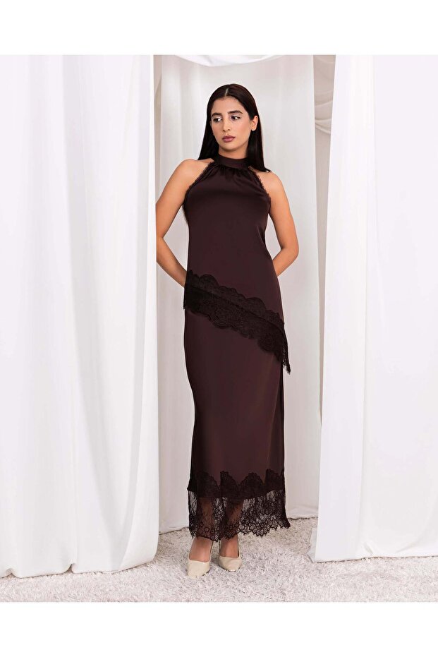 Halter Neck Diagonal Lace Top – Chocolate Brown