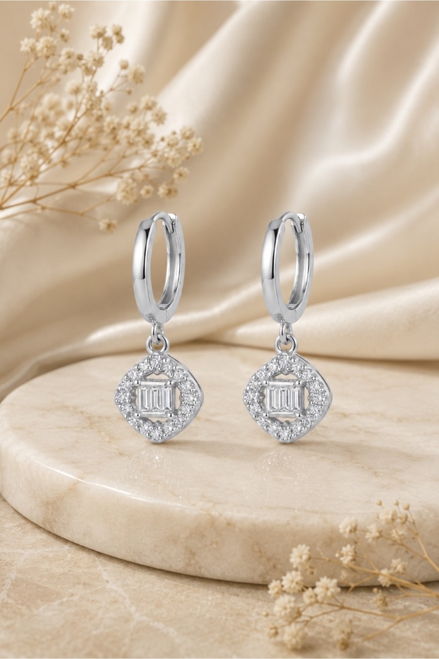 Zircon Stone Stainless Steel Earrings - Baguette Stone Square Pendant Earrings