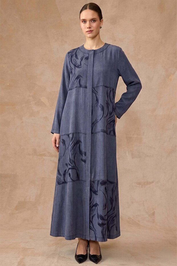 Garni and Stone Detailed Cupra Silk Large Size Robe Dark Blue 6856