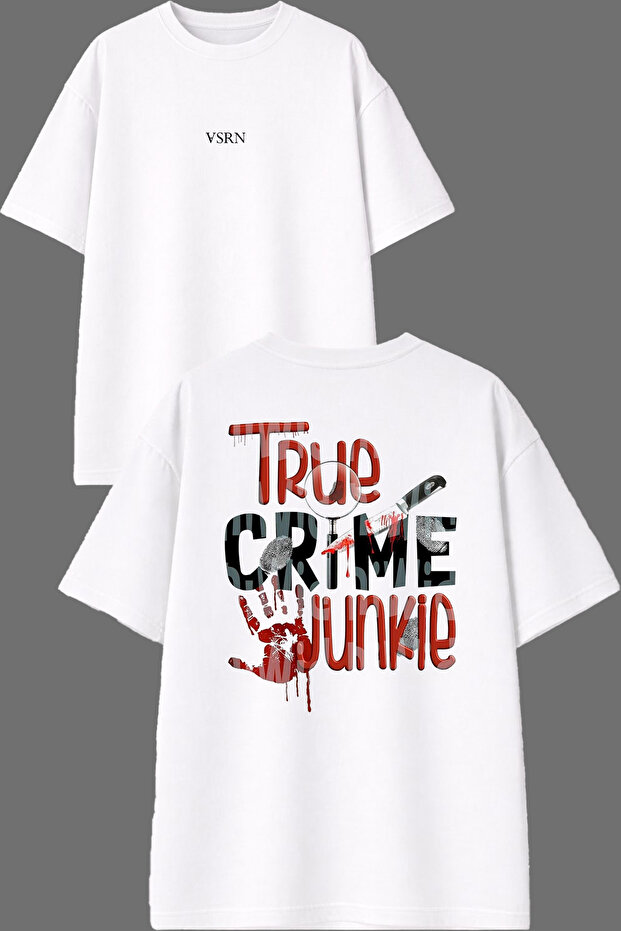 تي شيرت أبيض كبير الحجم مطبوع من الأمام والخلف بتصميم True Crime