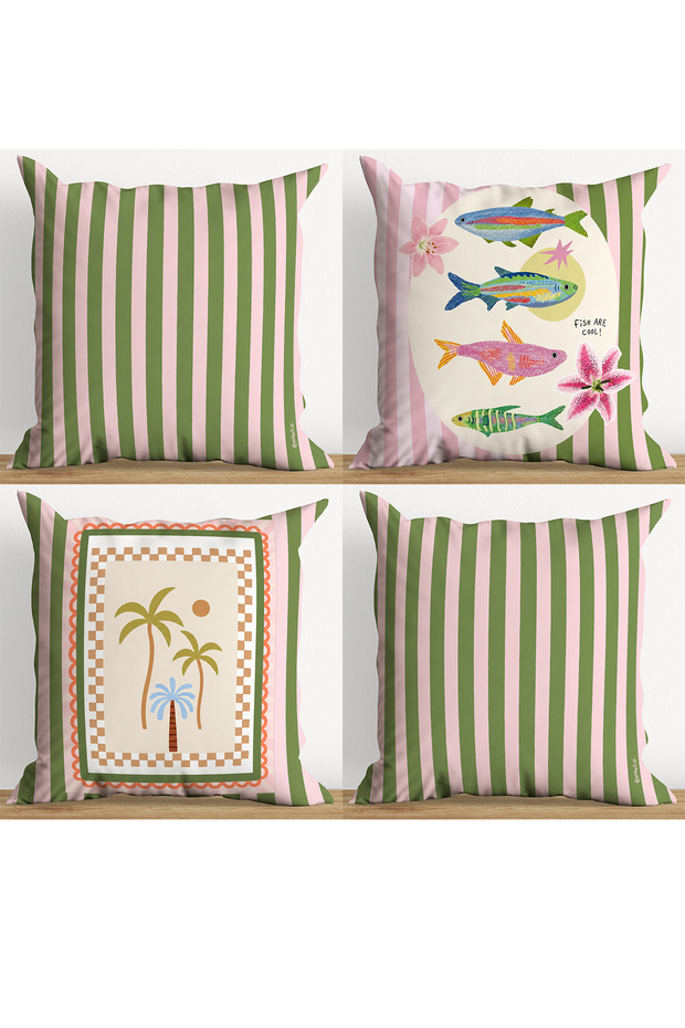 Set of 4 Modern Decorative Pillow Covers Pink Green Striped Special Design Throw Pillow (Double Sided)