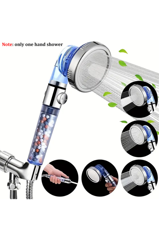 blue New 3-mode Negative Ion Booster Filter Shower Head One-button Water Stop Handheld Water-saving